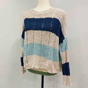 27 MILES MALIBU S Striped Open Marled Knit Linen Silk Distressed Sweater Boxy
